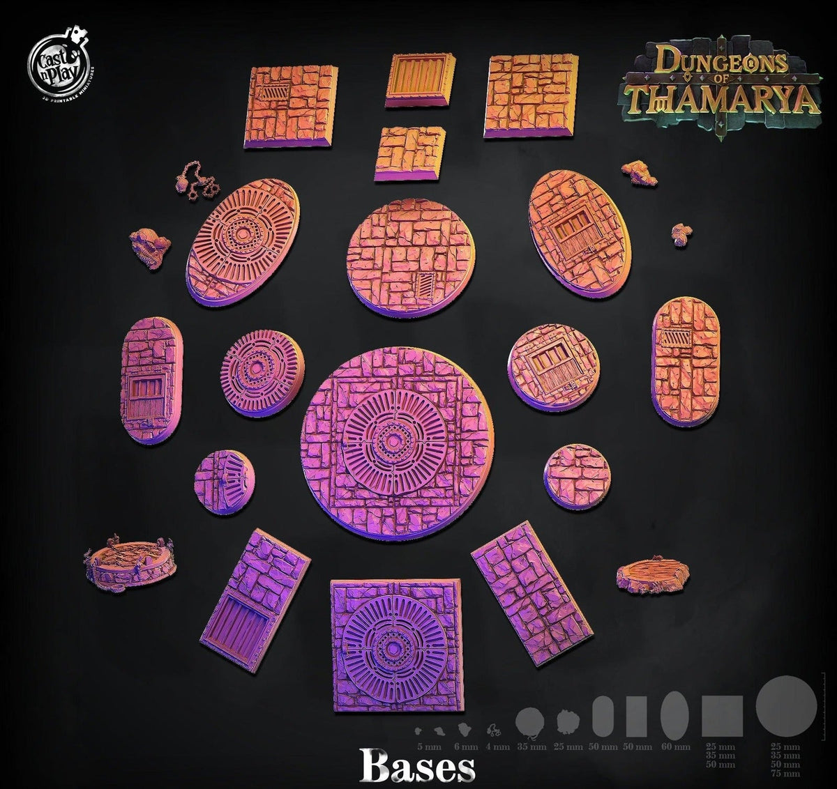Themed 3D printed scenic bases for 28mm and 32mm miniatures