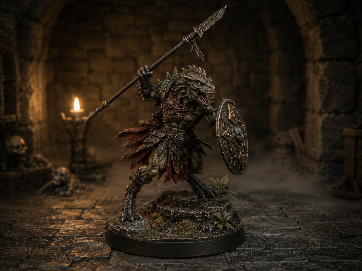 Spear lizard man warrior miniature, unpainted resin