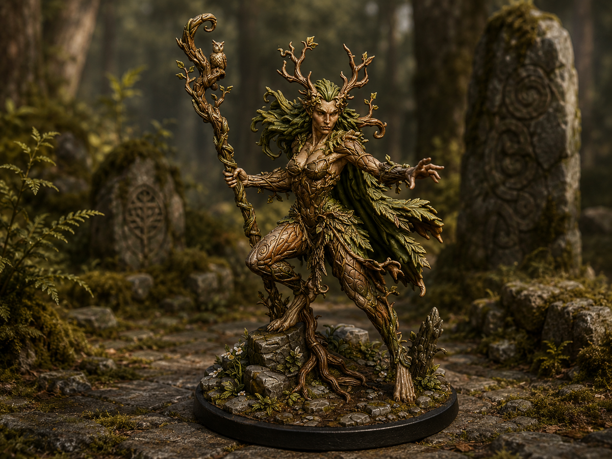 Dryad with magic staff miniature, unpainted resin