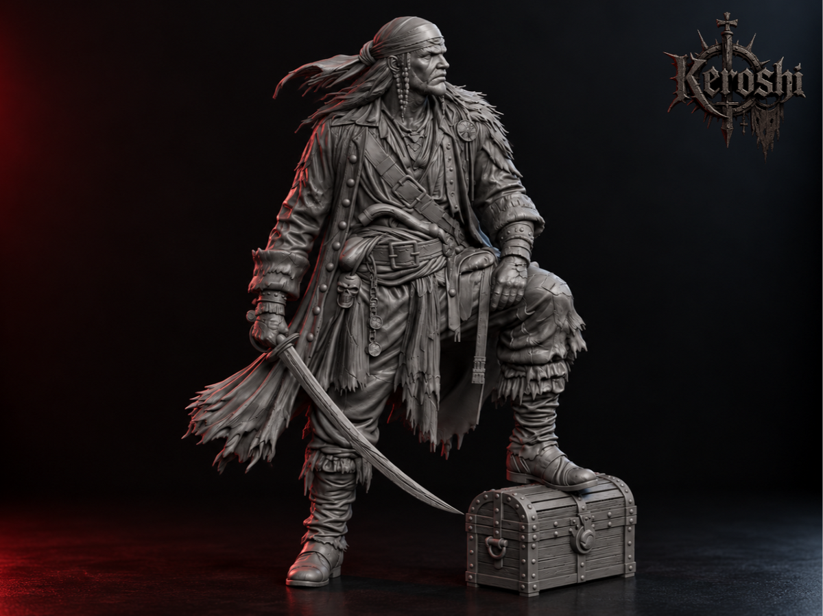 Pirate with treasure chest miniature, 32mm, unpainted resin