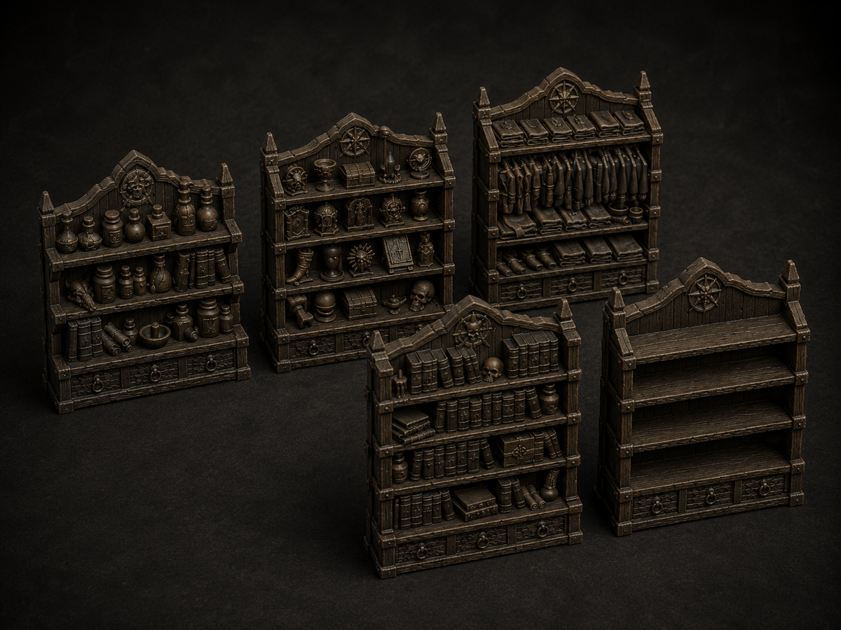 Bookshelves terrain pack, 32mm, unpainted resin