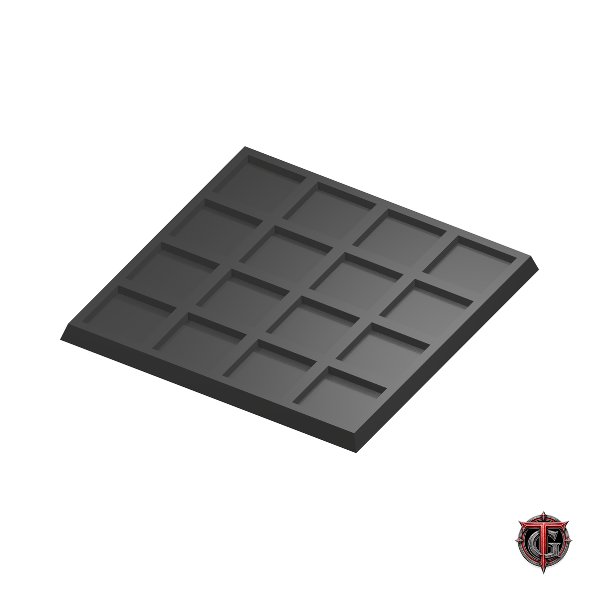 20mm to 25mm Square Base 4x4 Movement Tray Converter in black, model recesses facing up, on a white background with Terrain Genesis logo.