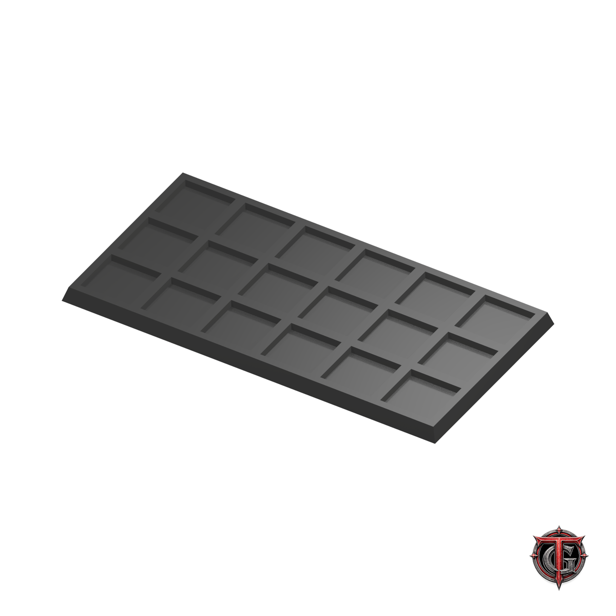 20mm to 25mm Square Base 6x3 Movement Tray Converter in black, model recesses facing up, on a white background with Terrain Genesis logo.