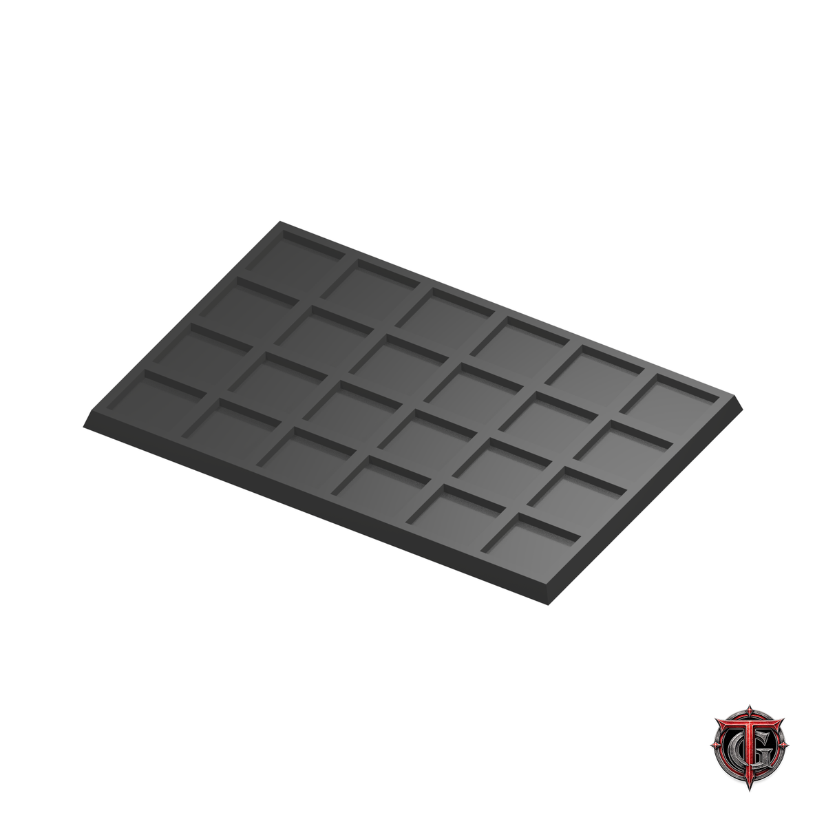 20mm to 25mm Square Base 6x4 Movement Tray Converter in black, model recesses facing up, on a white background with Terrain Genesis logo.
