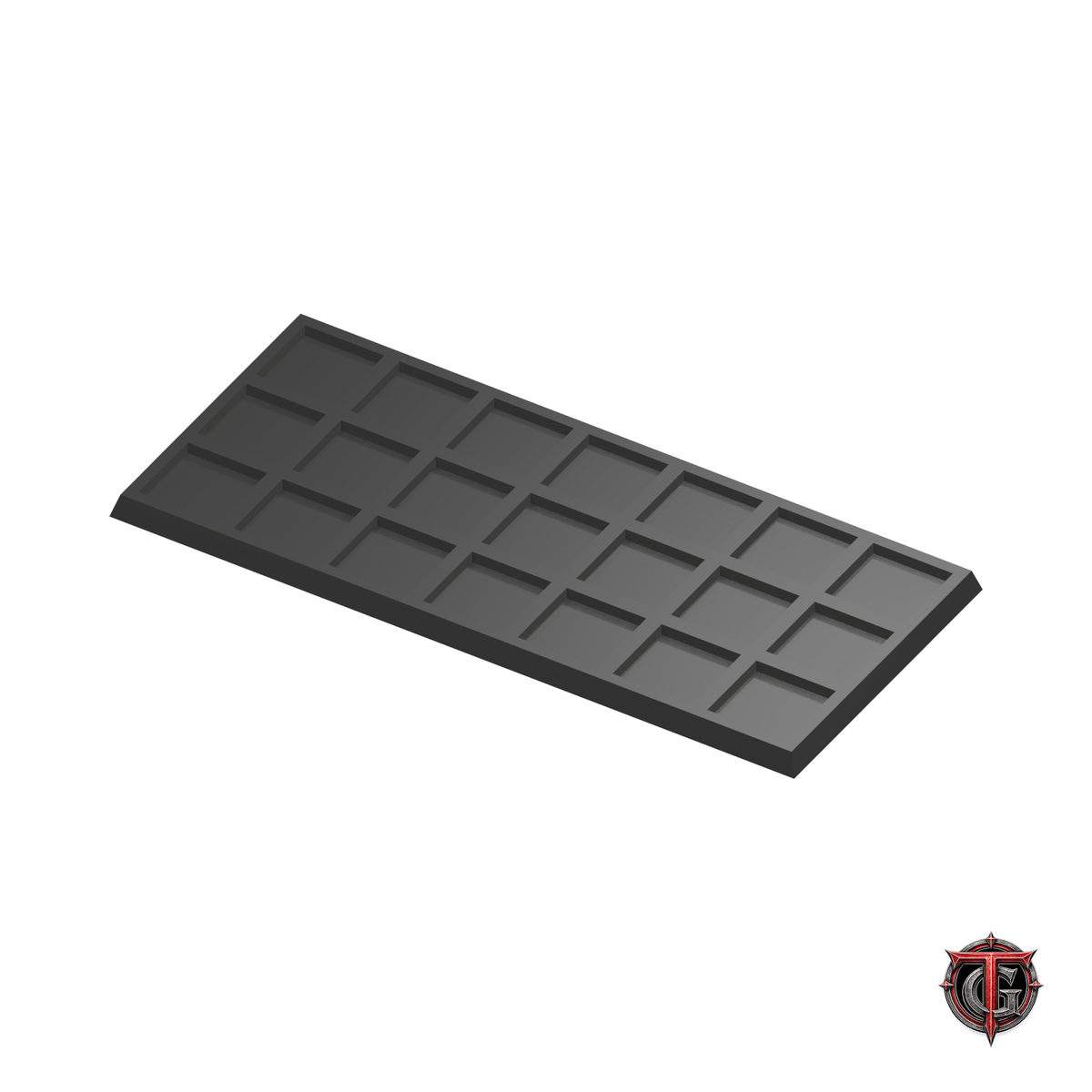 20mm to 25mm Square Base 7x3 Movement Tray Converter in black, model recesses facing up, on a white background with Terrain Genesis logo.