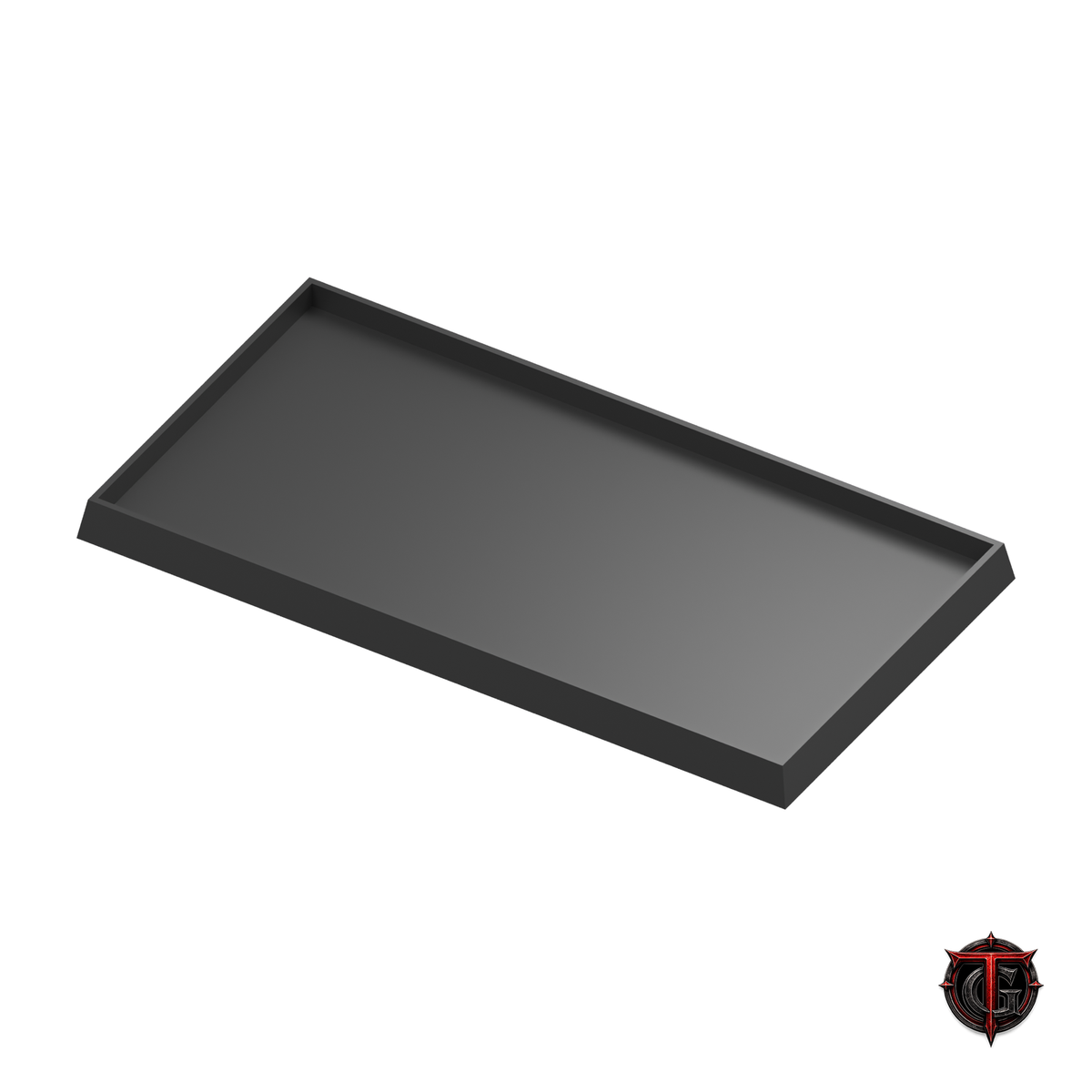 Black 25mm square-base movement tray in a 4x2 formation on white, with Terrain Genesis logo.