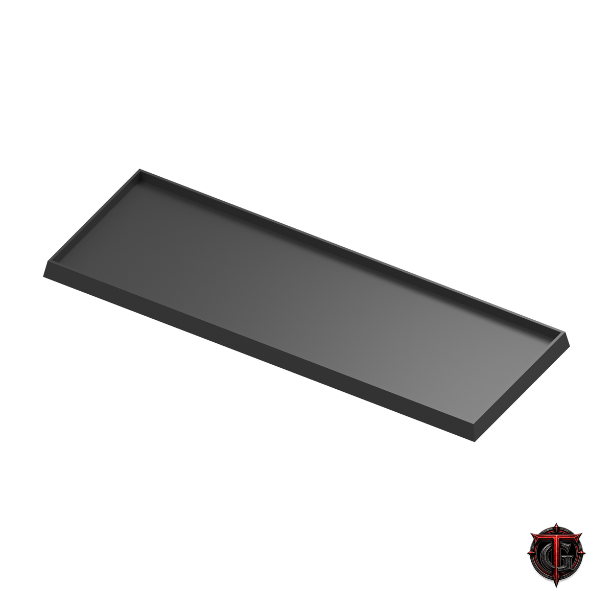 Black 25mm square-base movement tray in a 6x2 formation on white, with Terrain Genesis logo.