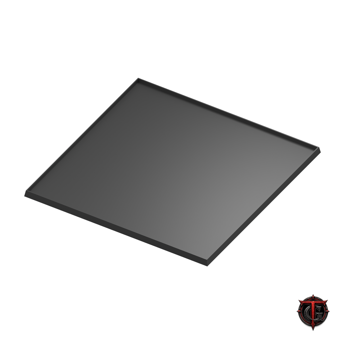 Black 25mm square-base movement tray in a 7x7 formation on white, with Terrain Genesis logo.