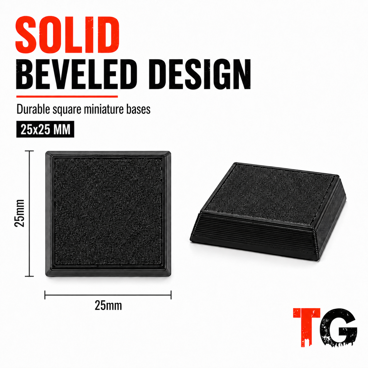 Close-up of a 25mm beveled square base showing its solid 3mm-thick construction