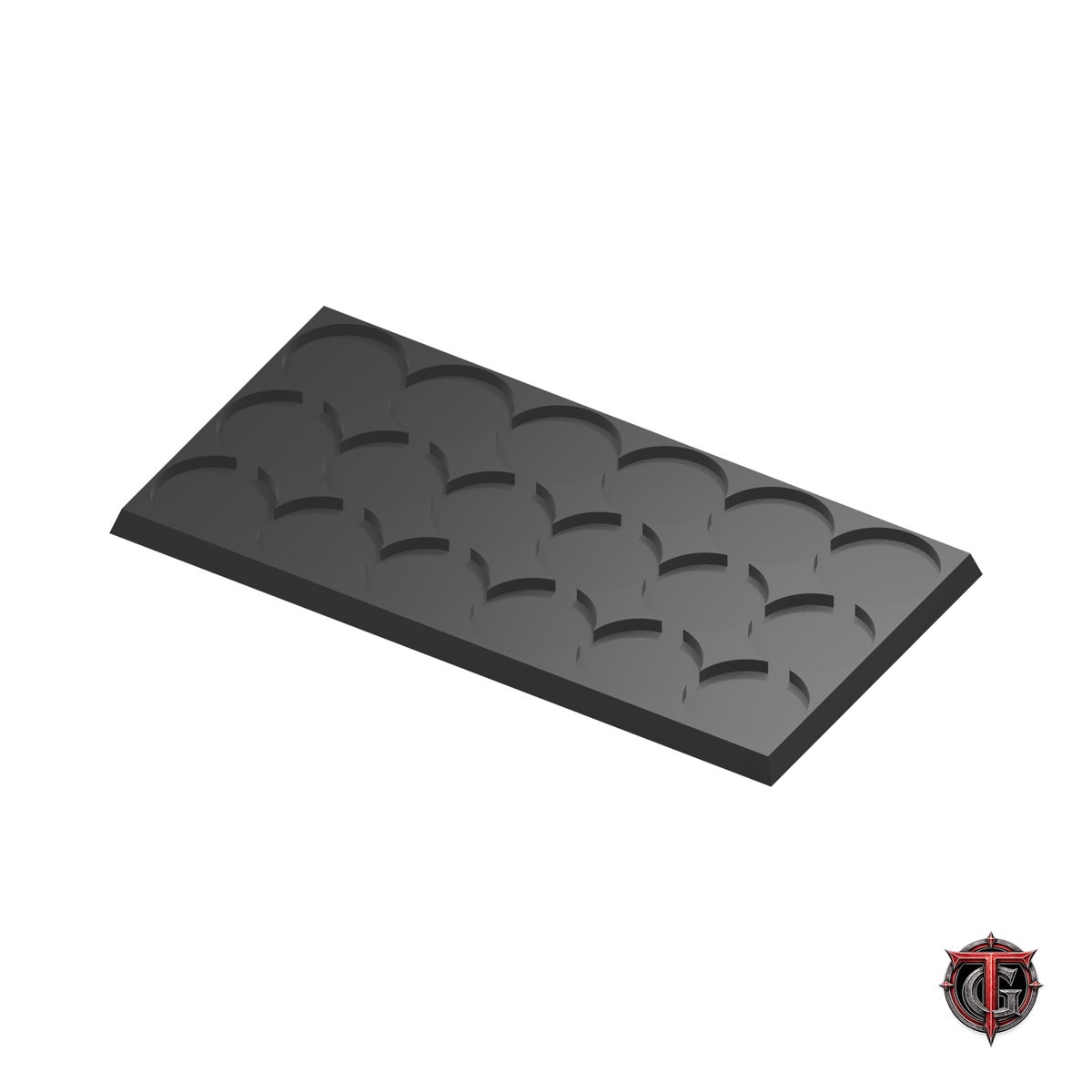 25mm Round to 25mm Square Base 6x3 Movement Tray Converter in black, model recesses facing up, on a white background with Terrain Genesis logo.