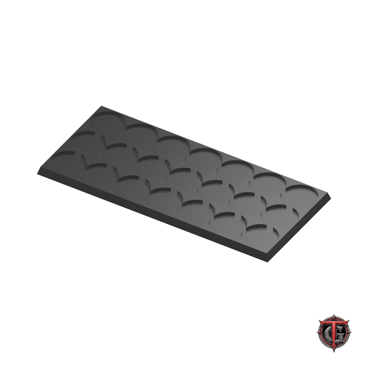 25mm Round to 25mm Square Base 7x3 Movement Tray Converter in black, model recesses facing up, on a white background with Terrain Genesis logo.