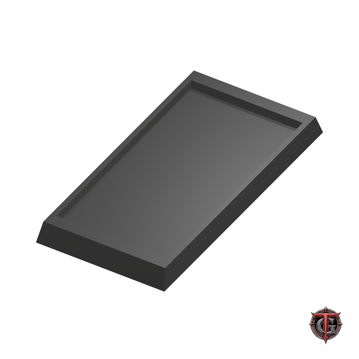 25x50mm to 30x60mm Square Base 1x1 Movement Tray Converter in black, model recesses facing up, on a white background with Terrain Genesis logo.