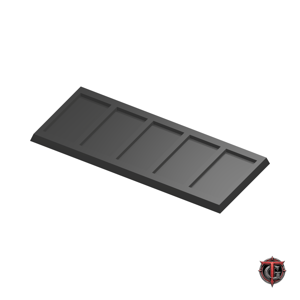 25x50mm to 30x60mm Square Base 5x1 Movement Tray Converter in black, model recesses facing up, on a white background with Terrain Genesis logo.