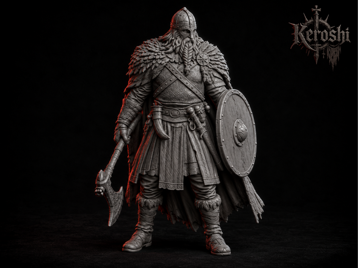 Viking warrior with axe and shield miniature, 32mm, unpainted resin