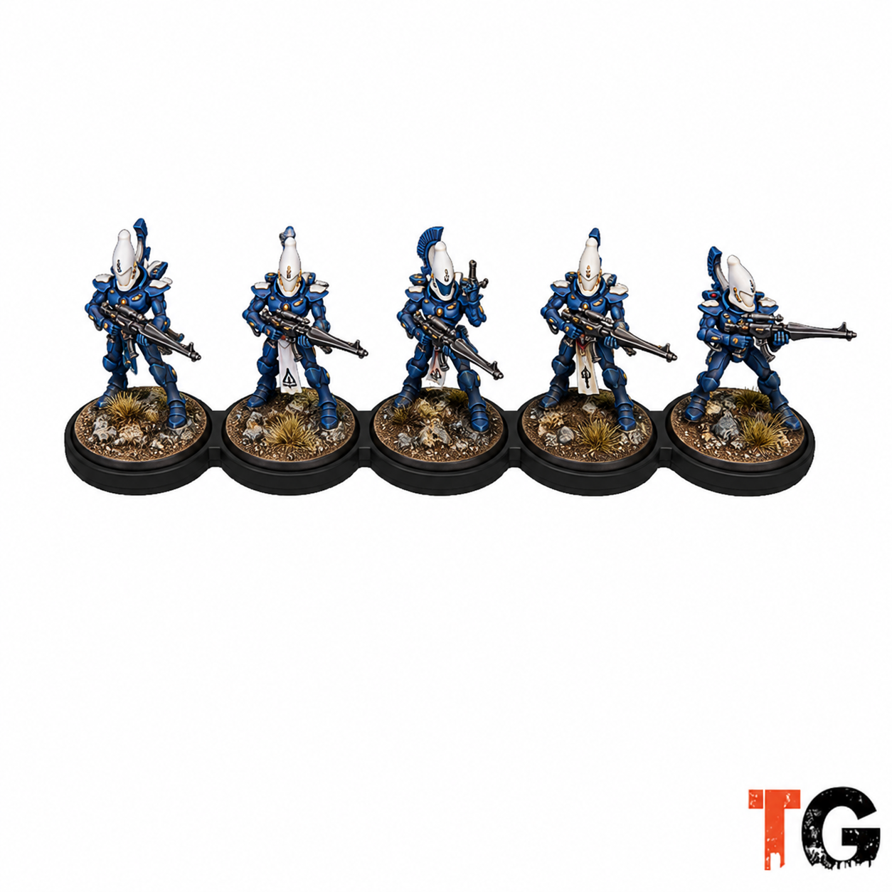 Five painted miniatures in a single row on a 28mm straight movement tray