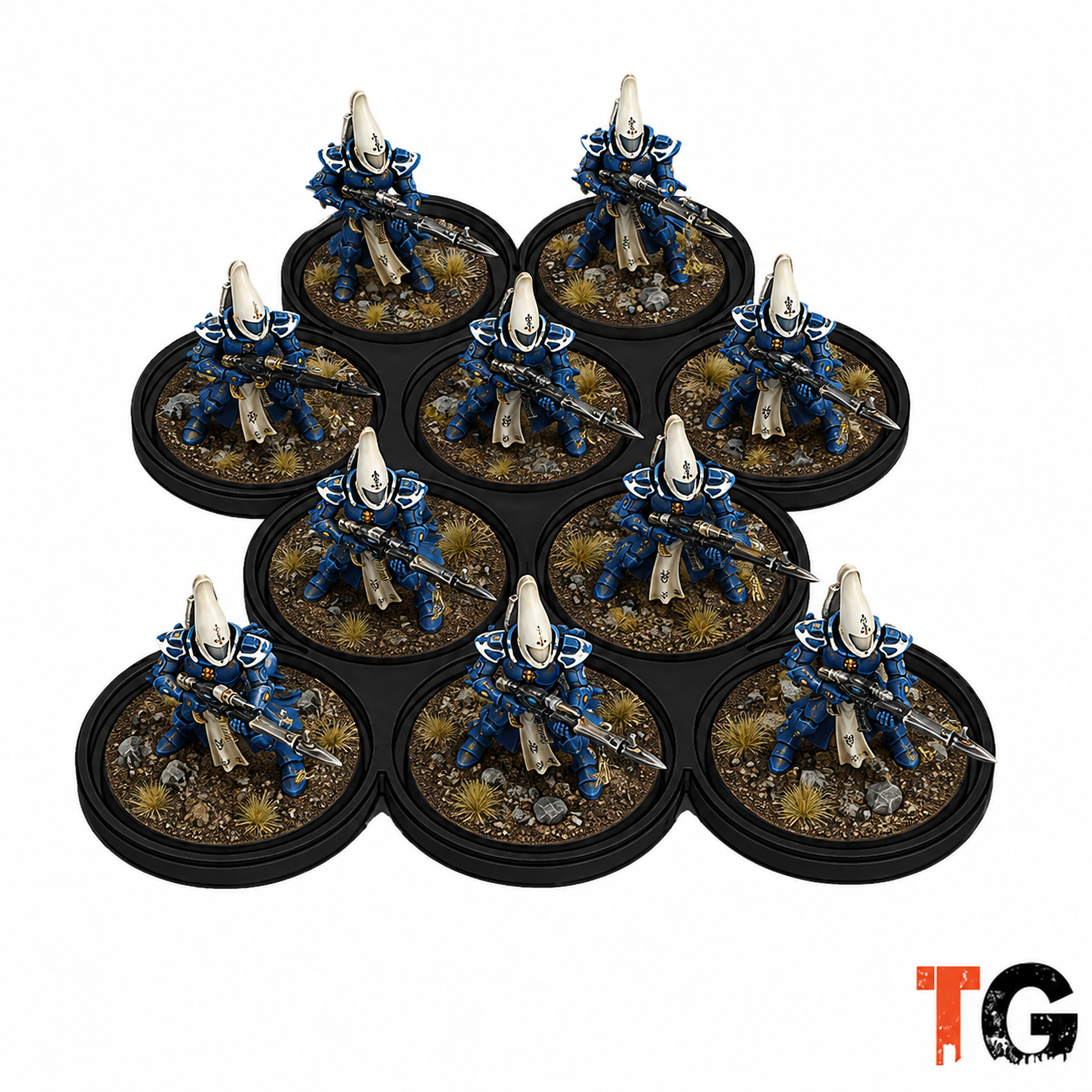 Ten painted miniatures on a 28mm 2x3x2x3 staggered movement tray