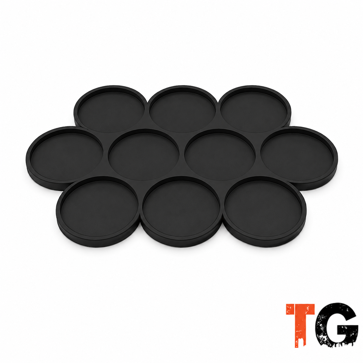 28mm movement tray with 10 slots for 28mm round bases in a 3x4x3 cloud formation, matte black
