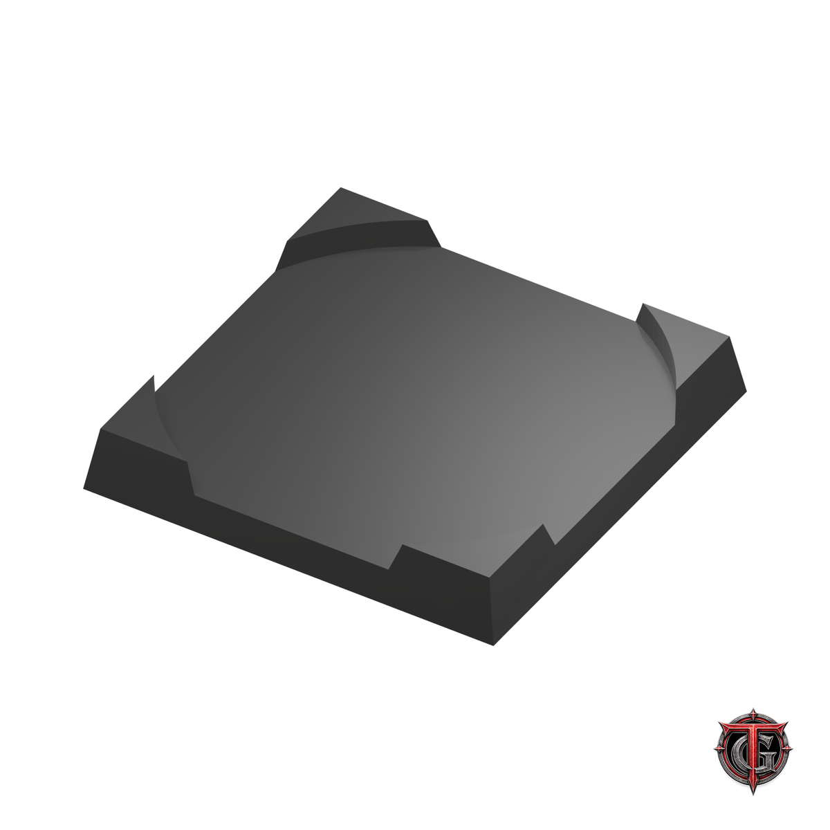 32mm Round to 30mm Square Base 1x1 Movement Tray Converter in black, model recesses facing up, on a white background with Terrain Genesis logo.