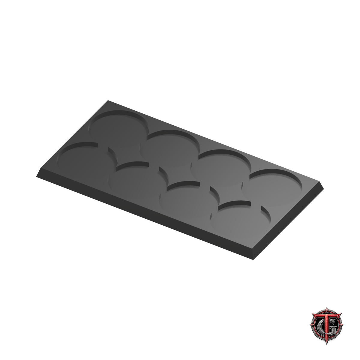 32mm Round to 30mm Square Base 4x2 Movement Tray Converter in black, model recesses facing up, on a white background with Terrain Genesis logo.
