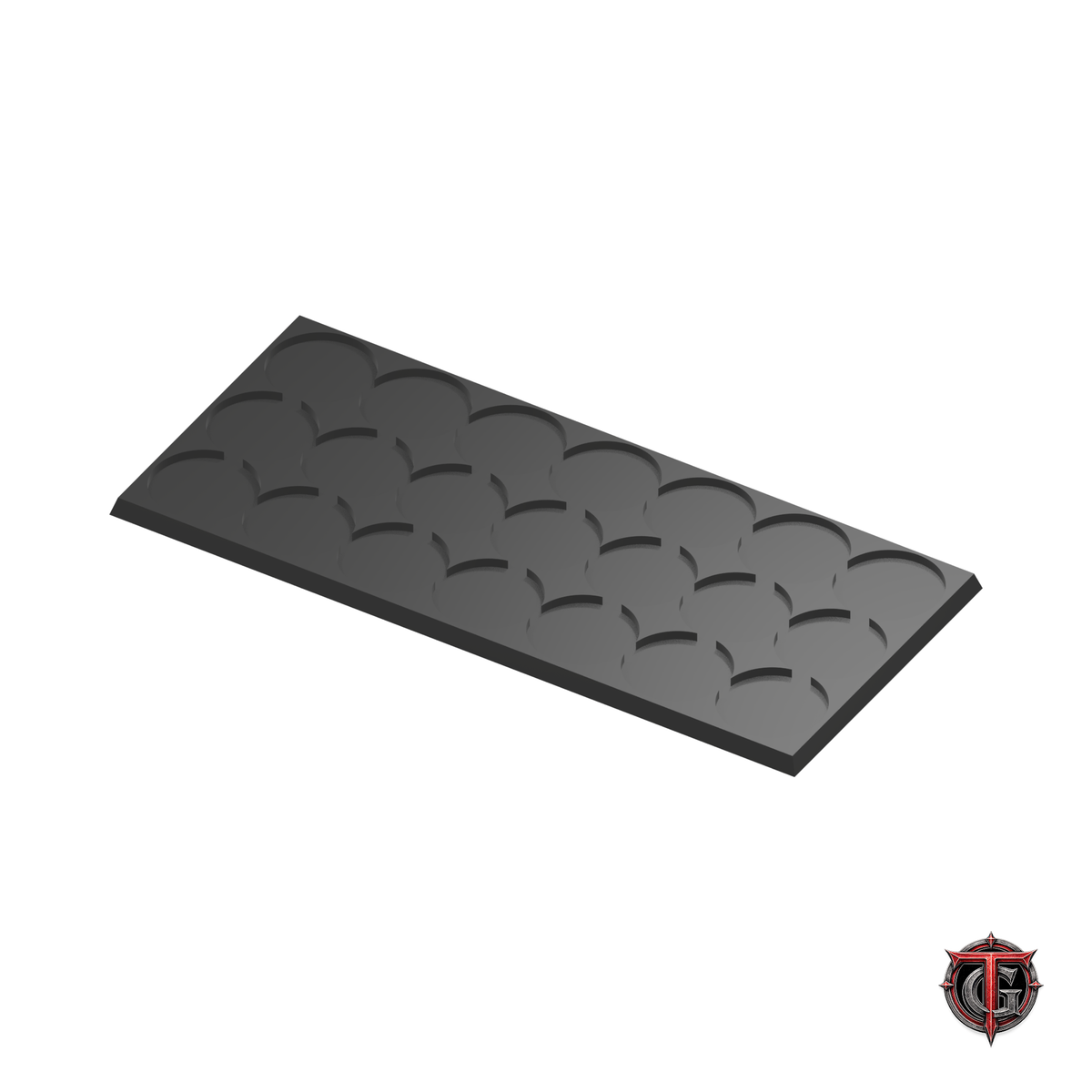 32mm Round to 30mm Square Base 7x3 Movement Tray Converter in black, model recesses facing up, on a white background with Terrain Genesis logo.