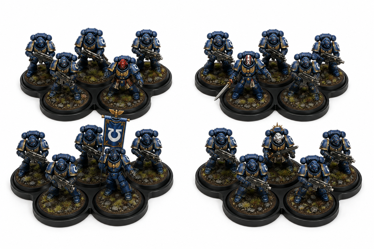Twenty painted blue marine miniatures across four 32mm 3x2 cloud movement trays