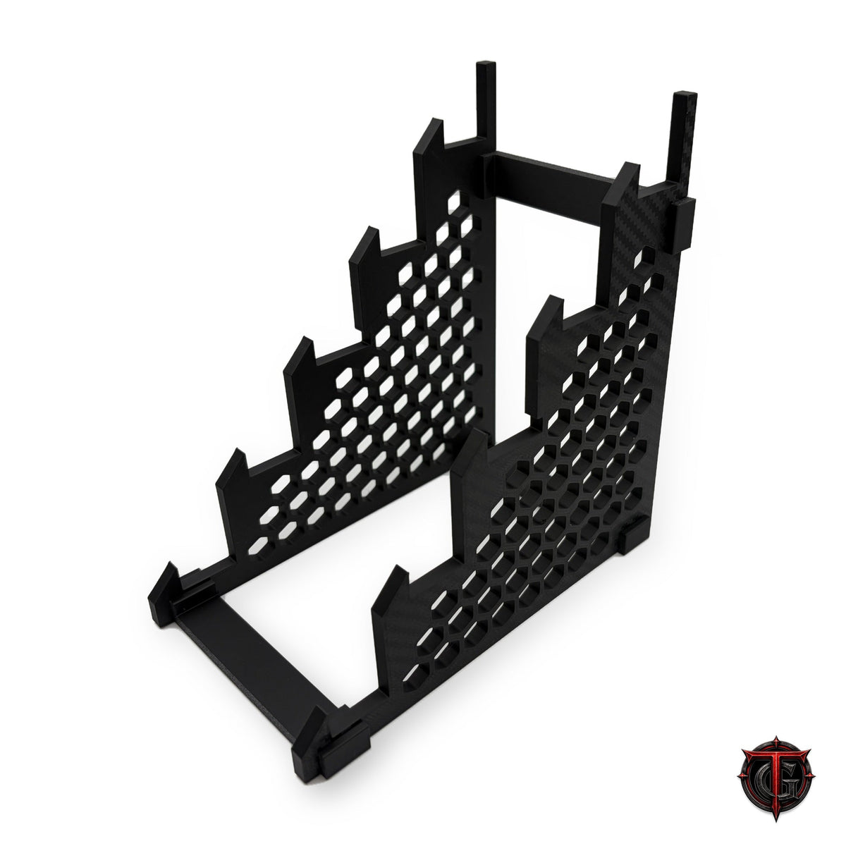 3D printed 5 knife display stand, assembled, with hex-pattern carbon fiber side panels and stepped knife slots