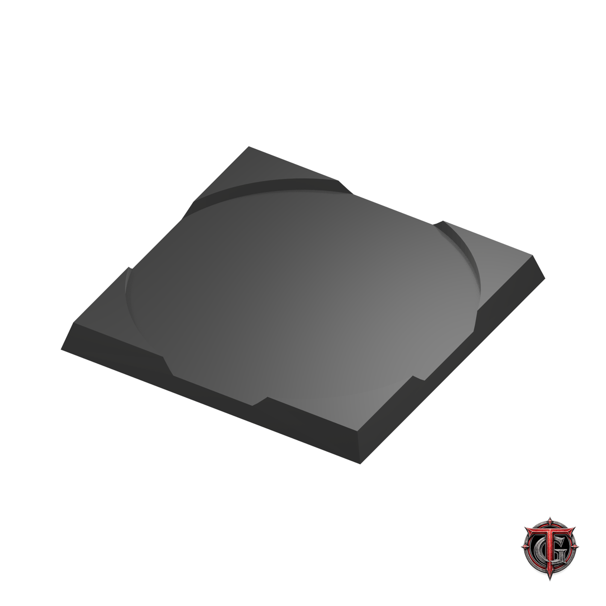 50mm Round to 50mm Square Base 1x1 Movement Tray Converter in black, model recesses facing up, on a white background with Terrain Genesis logo.