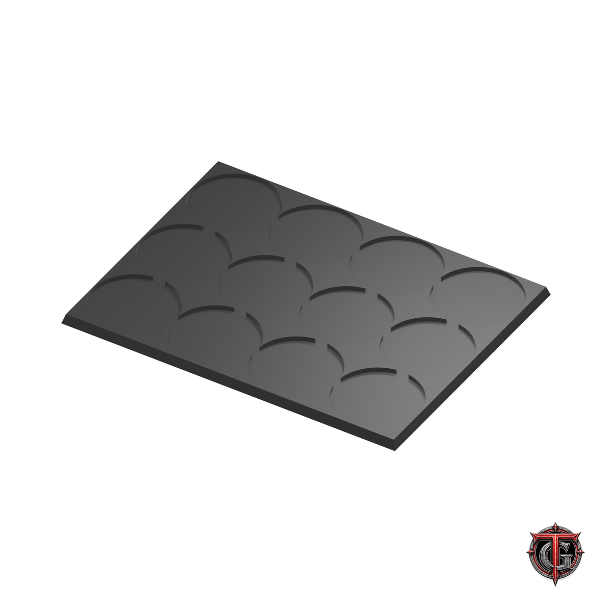 50mm Round to 50mm Square Base 4x3 Movement Tray Converter in black, model recesses facing up, on a white background with Terrain Genesis logo.