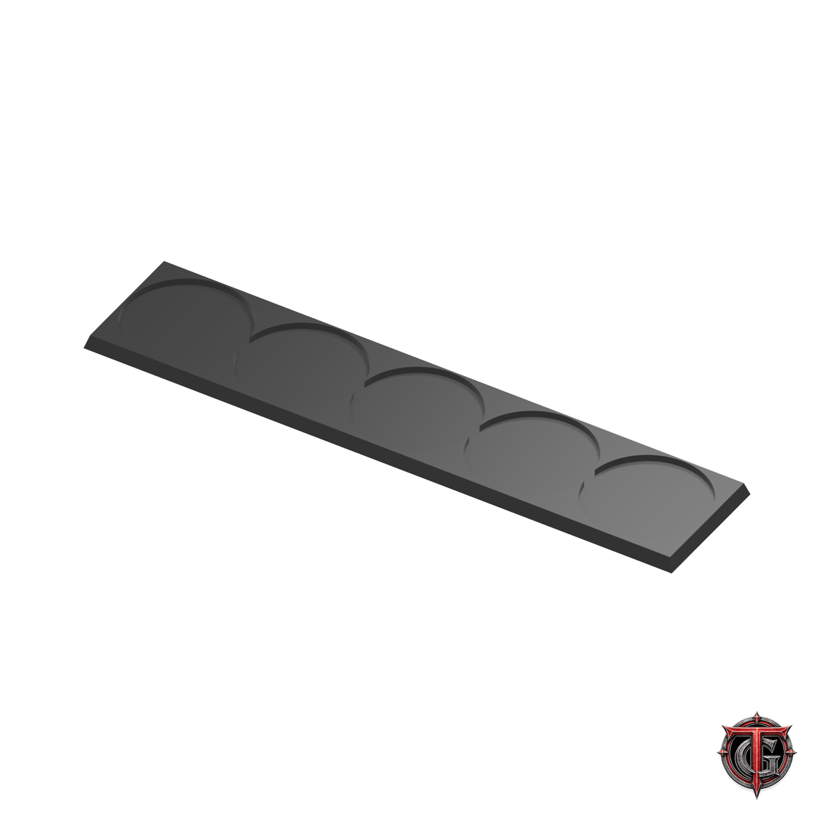 50mm Round to 50mm Square Base 5x1 Movement Tray Converter in black, model recesses facing up, on a white background with Terrain Genesis logo.