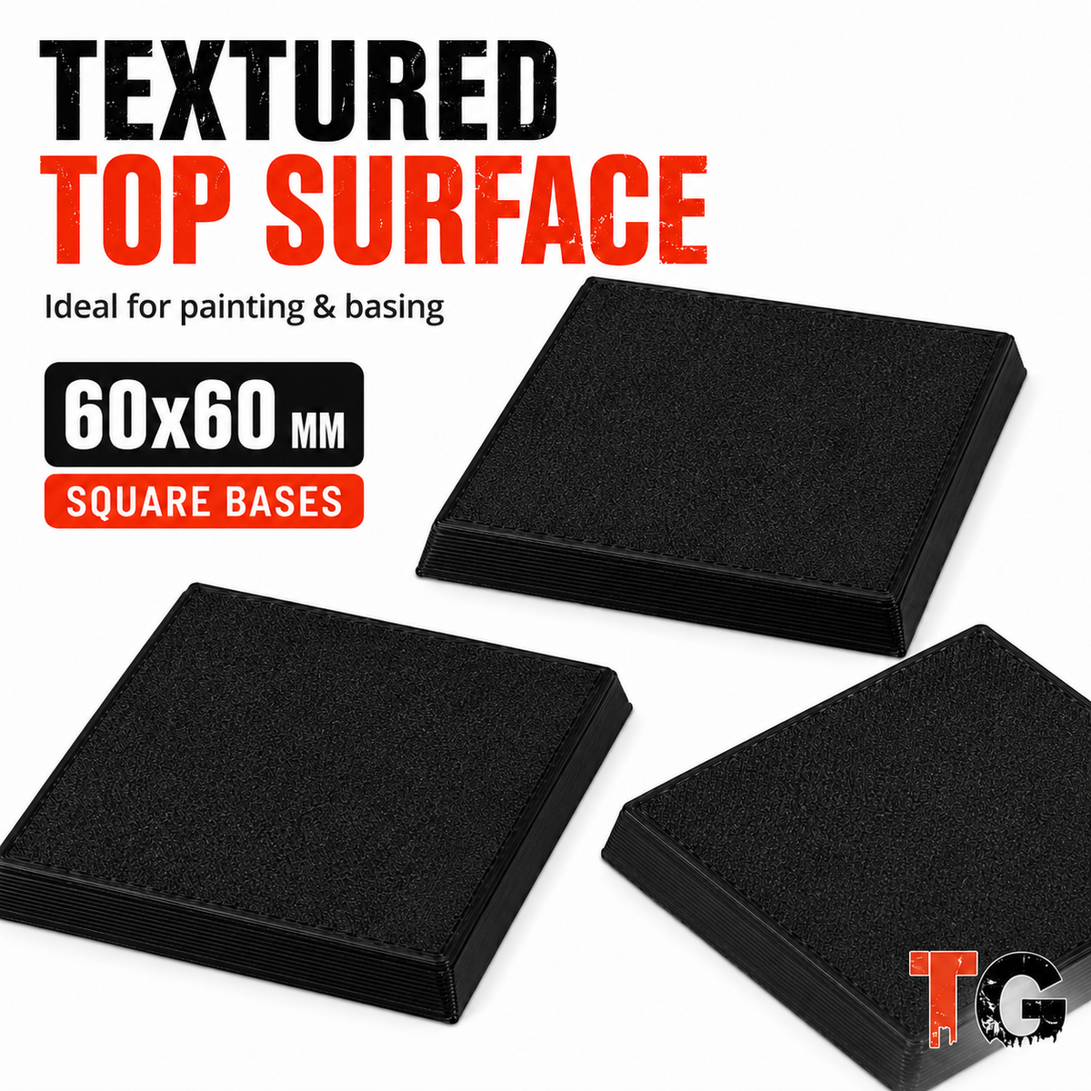 Textured top surface of a 60mm square base, ready for glue, sand and flock