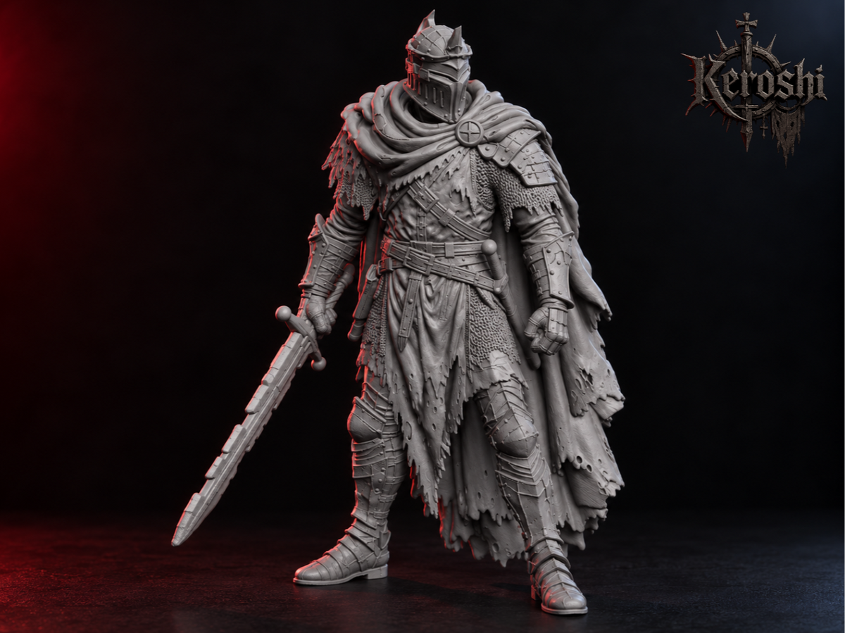 Knight with chipped sword miniature, 32mm, unpainted resin