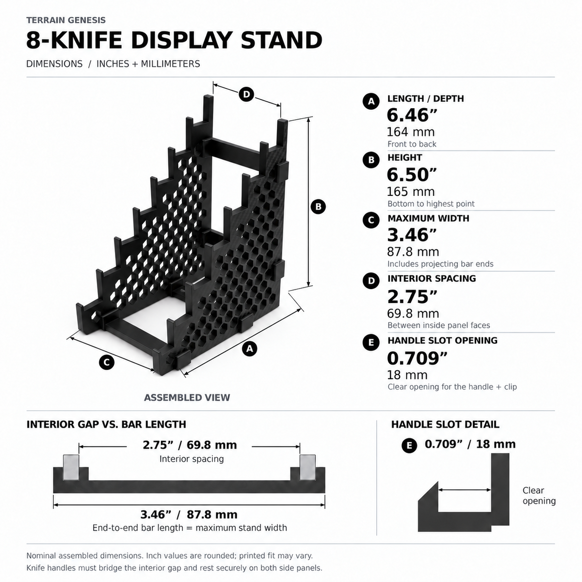 8 Knife Display Stand dimensions in inches and millimeters: 6.46 in (164 mm) depth, 6.50 in (165 mm) height, 3.46 in (87.8 mm) maximum width including bar ends, approximately 2.75 in (69.8 mm) interior spacing, and 0.709 in (18 mm) handle-slot opening.
