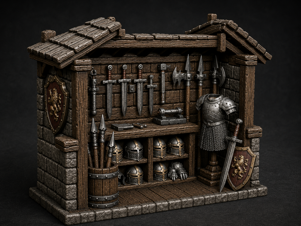 Armourer's workshop shed terrain, 32mm, unpainted resin