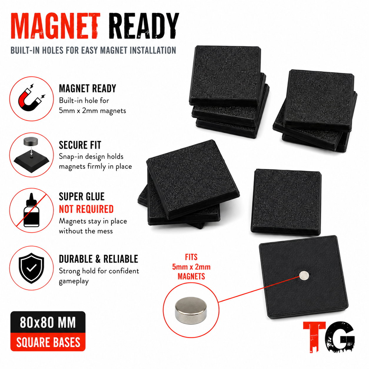80mm square base with two magnet holes printed into it, no glue required