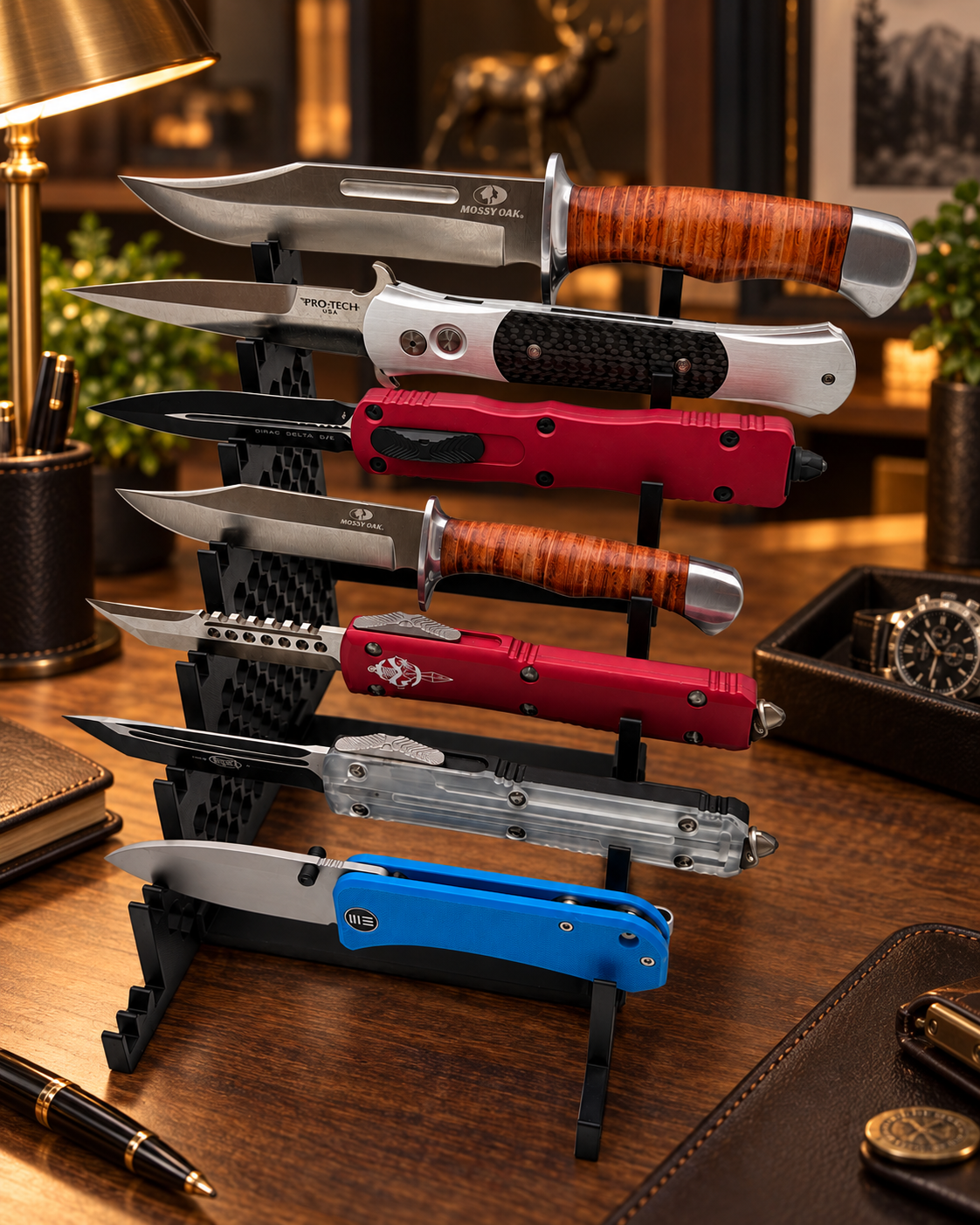 8 Knife Display Stand for Fixed Knives holding a fixed blade knife collection in a home setting