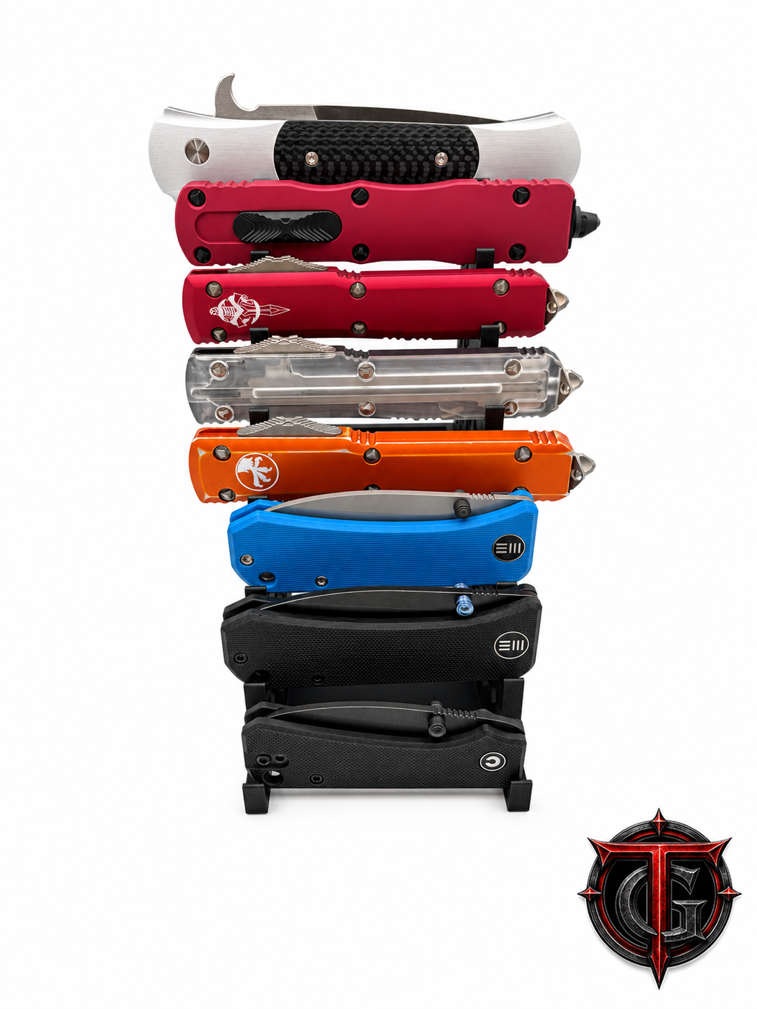 Front view of the 8 Knife Display Stand loaded with folding knives in the stacked slots