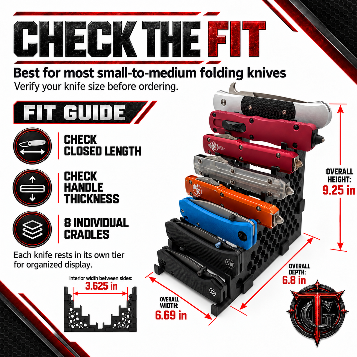 8 Knife Display Stand feature graphic: fits closed folding knives from about 3 1/2 inches and up