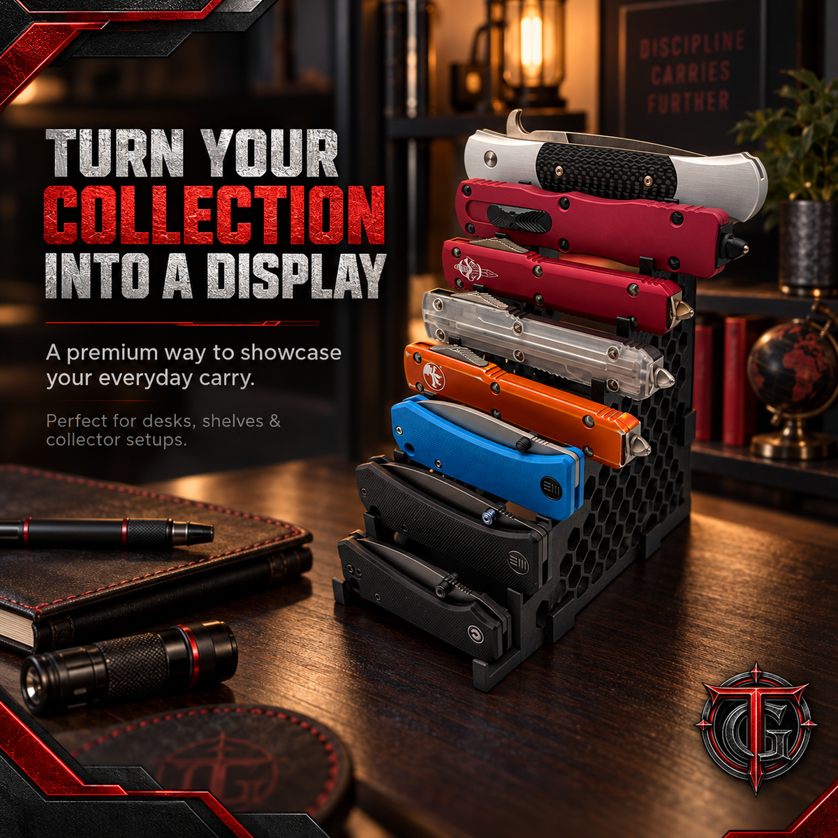 8 Knife Display Stand feature graphic: two-point handle support with no blade-on-blade or metal-on-metal contact