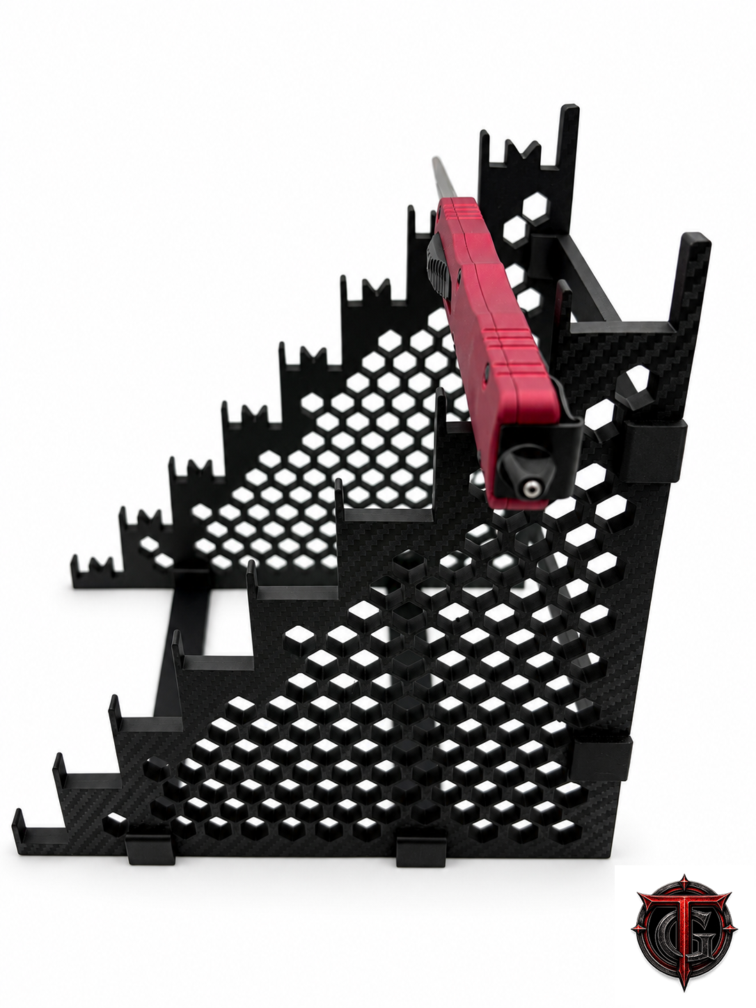 Close-up of the 7/8 inch handle shelf and 3/8 inch retaining lip supporting a fixed knife handle