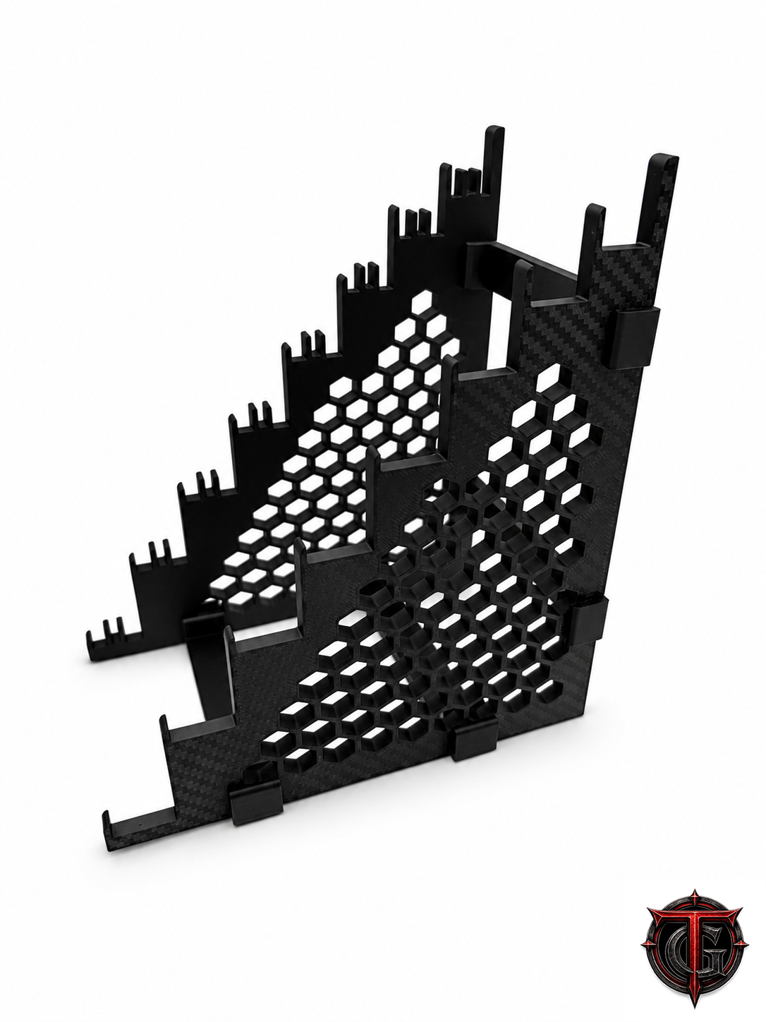 8 Knife Display Stand for Fixed Knives loaded with eight fixed blade knives across eight stepped tiers