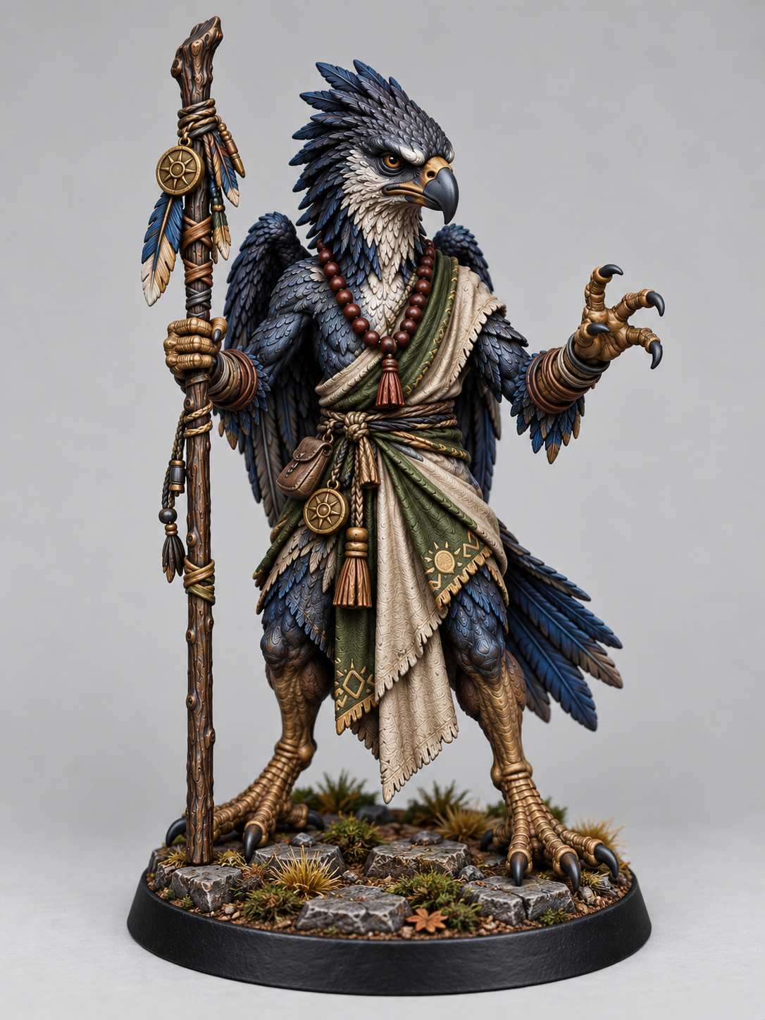 Painted aarakocra monk miniature on themed base, front view