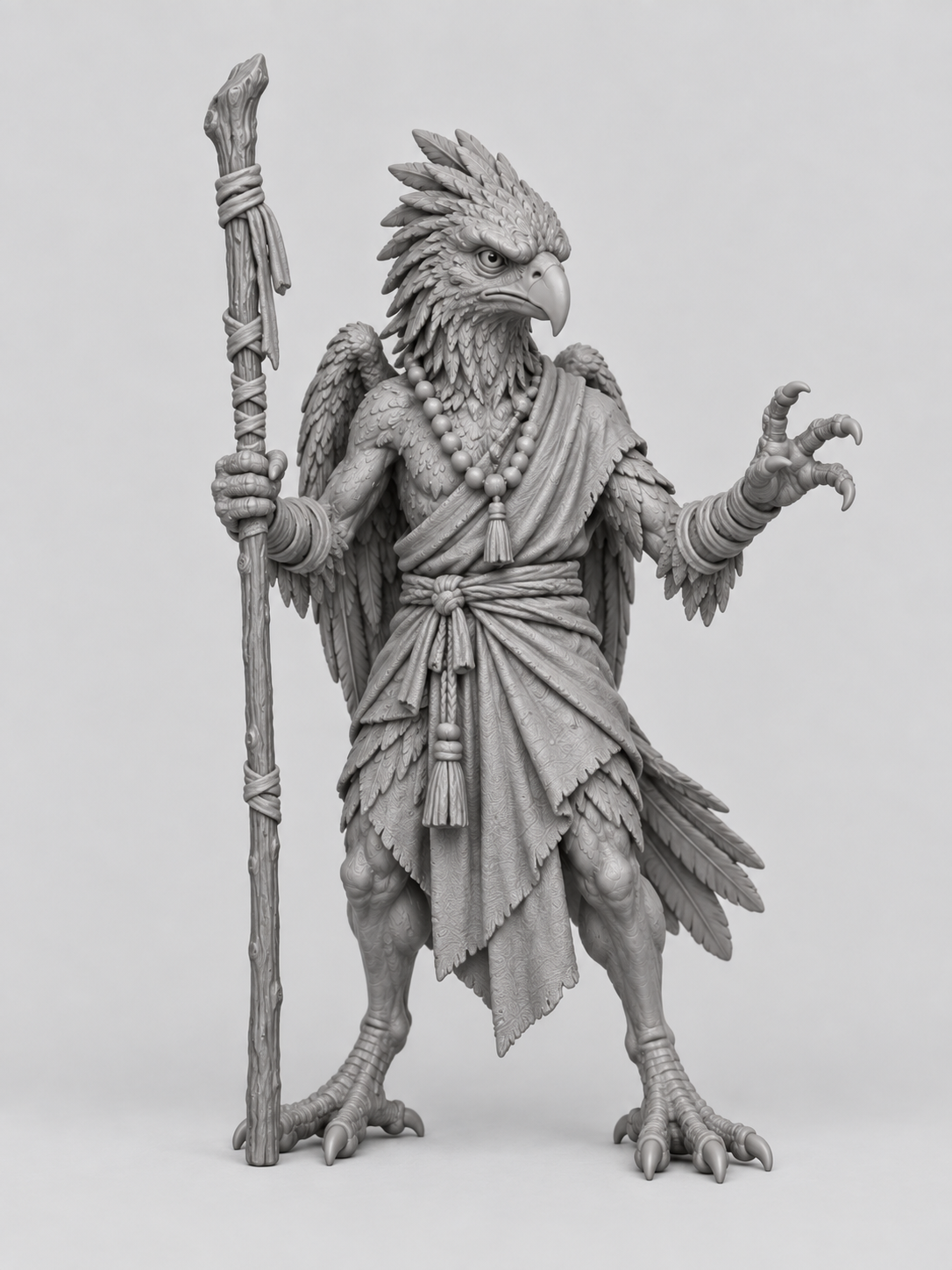 Unpainted aarakocra monk miniature, front view