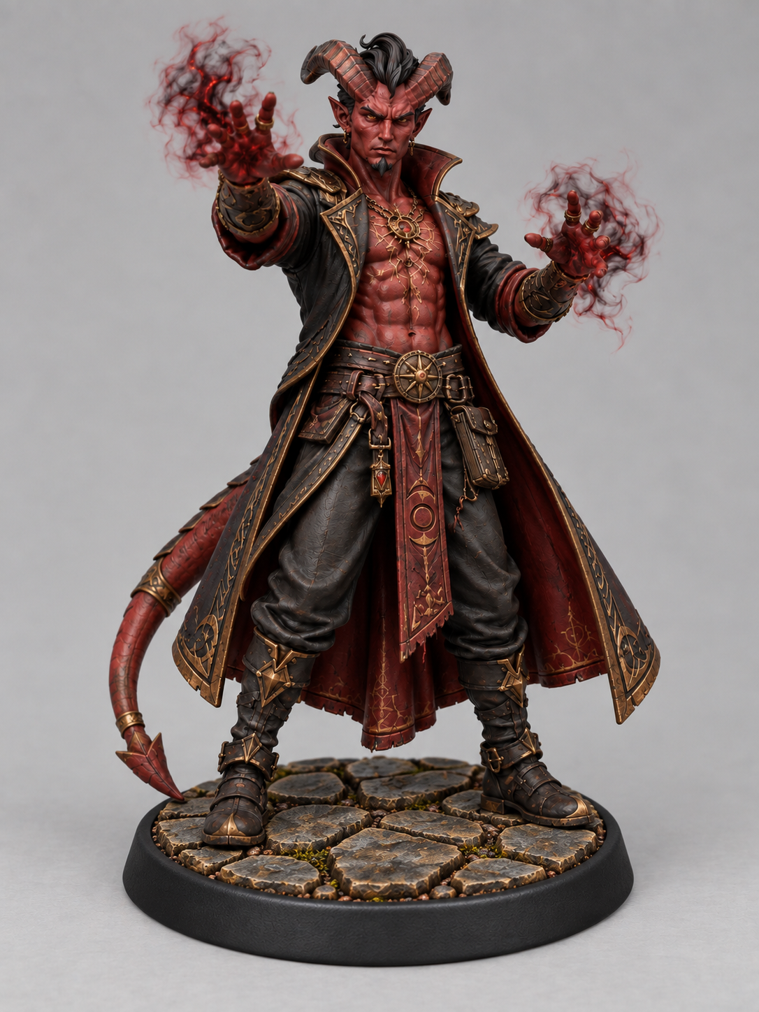 Painted Akmenos male tiefling warlock on a stone presentation base; supplied unpainted