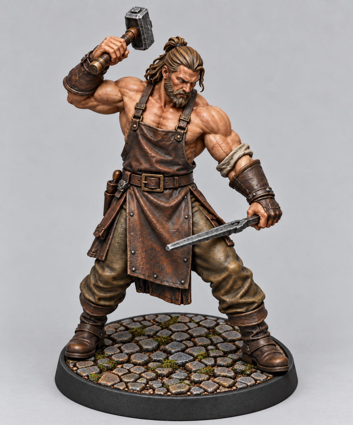 Painted blacksmith NPC miniature on themed base, front view