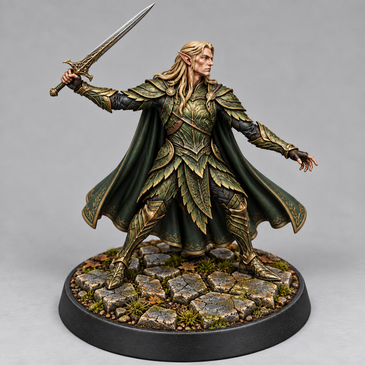 Painted elven knight miniature with sword on themed base, front view