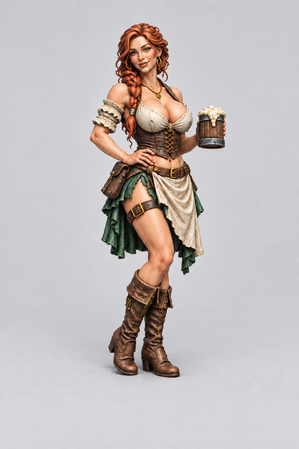 Emma, female Human barmaid with auburn braid, ivory blouse and green skirt, painted without a base; painting example.
