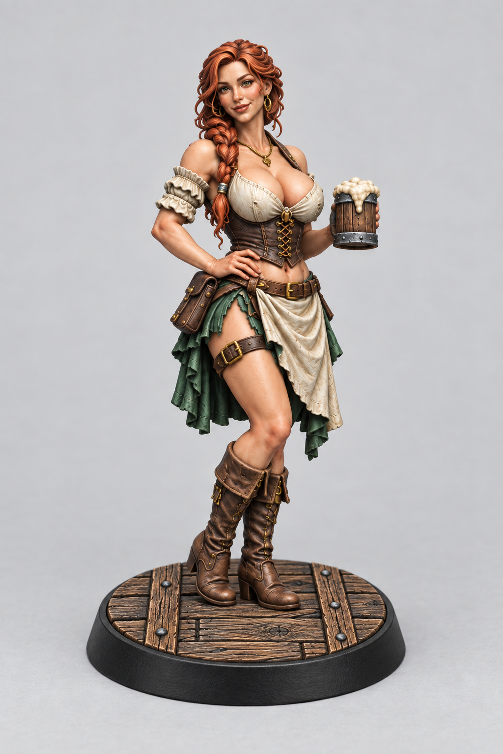 Emma, female Human barmaid holding a foaming tankard, painted in ivory and deep green on a Wood Plank base; painting example.