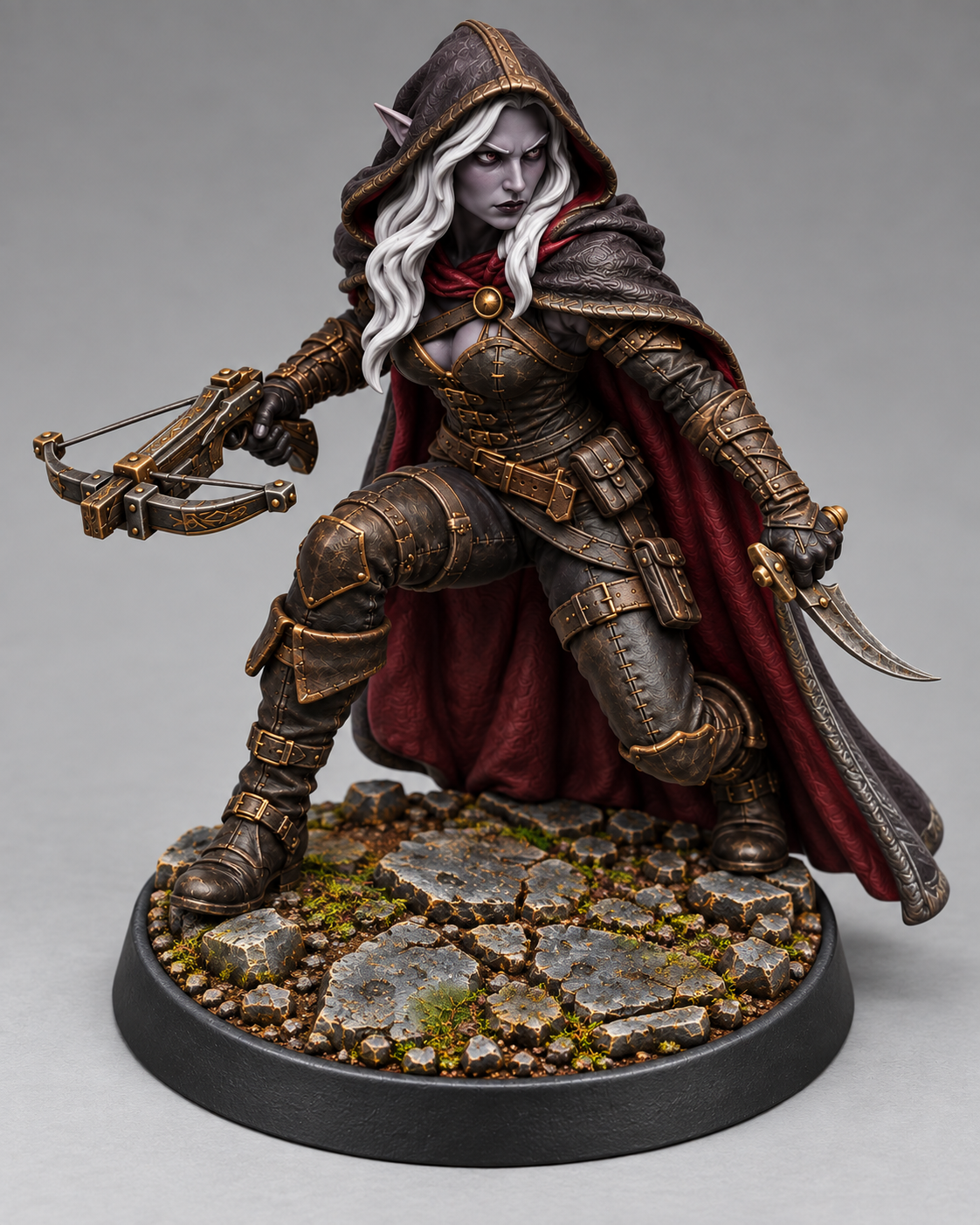 Painted drow rogue miniature on themed base, front view