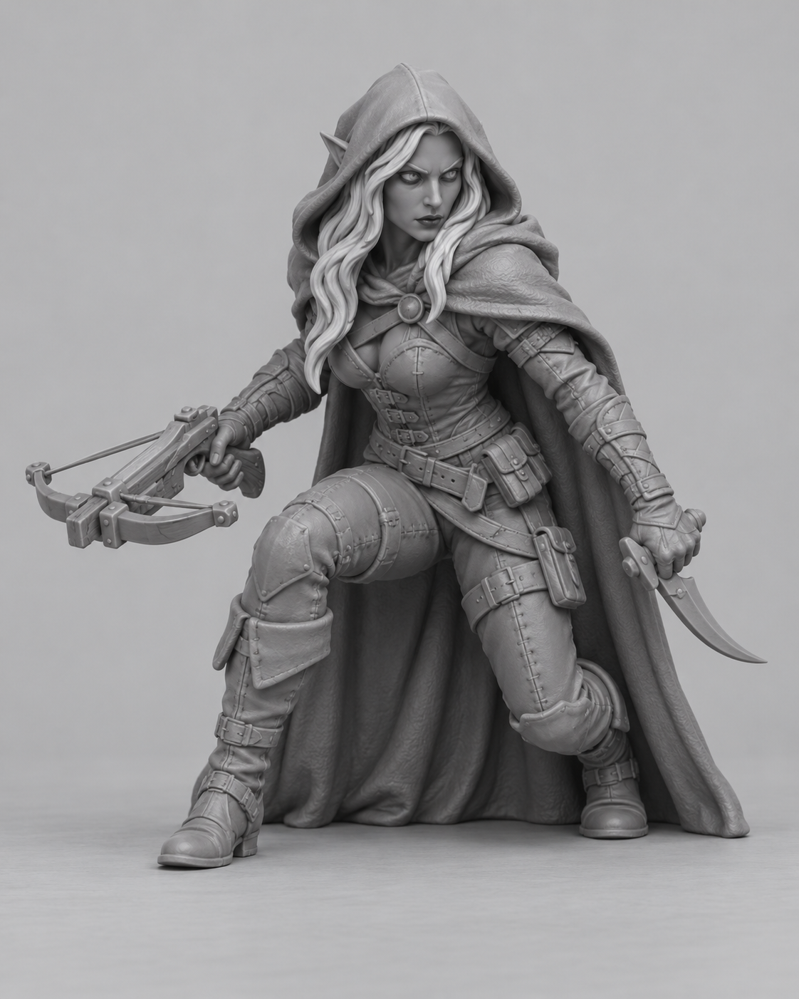 Unpainted drow rogue miniature, front view