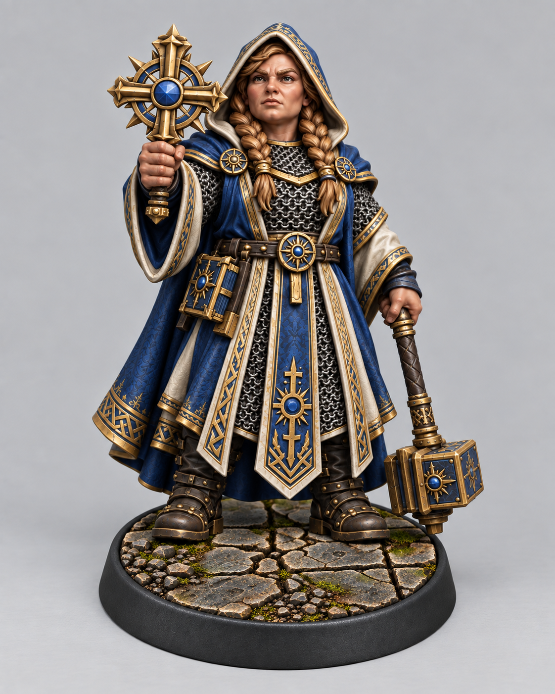 Painted dwarf cleric miniature on themed base, front view
